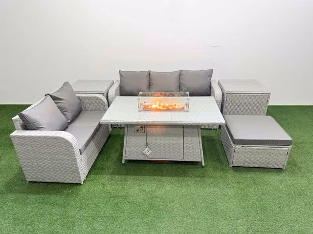 Fimous 6 Seater Grey PE Rattan Wicker Garden Furniture Set with Firepit Dining Table, 3 Seater Sofa, Love Seat and Large Footstool