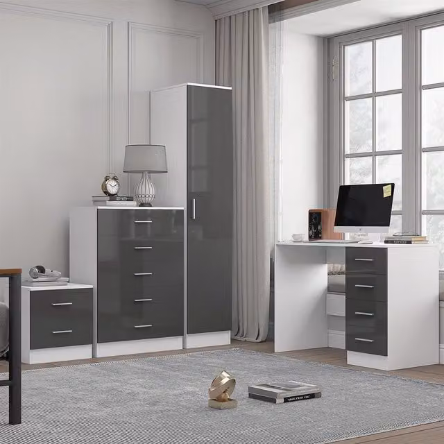REFLECT Bedroom Furniture Set with 1 Door Wardrobe, 5 Drawer Chest, Bedside Table and Desk in Grey Gloss and Matt White