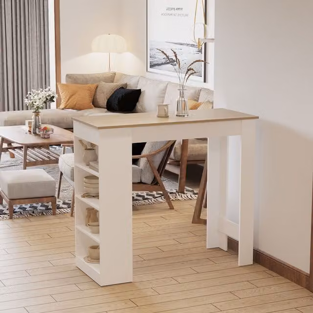 HOMCOM Modern Glass Dining Table with 3-Tier Storage Shelf in Natural Sand and White, W/D/H: 102.7 x 115.0 x 75.0 cm