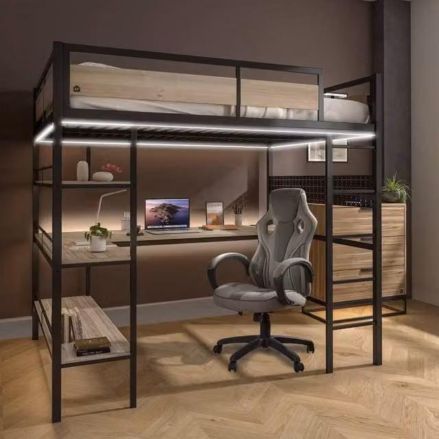 X Rocker Denver Single High Sleeper Bunk Bed with Under-Bed Lighting and Side Compartments in Oak and Black, W/D/H: 140 x 200 x 183 cm – 1