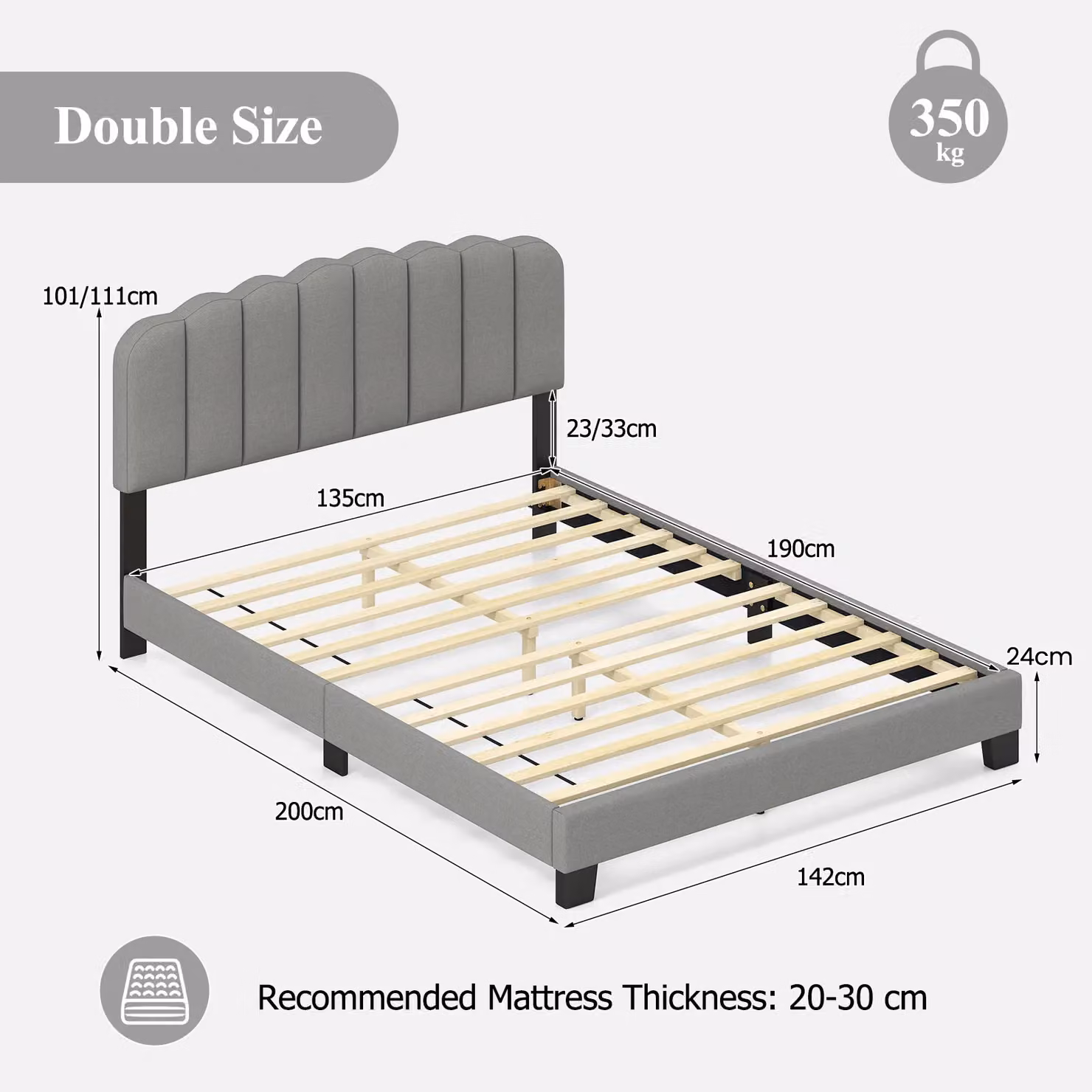 Costway Double Size Linen Upholstered Platform Bed Frame in Grey, W/D/H: 140 x 200 cm – 2