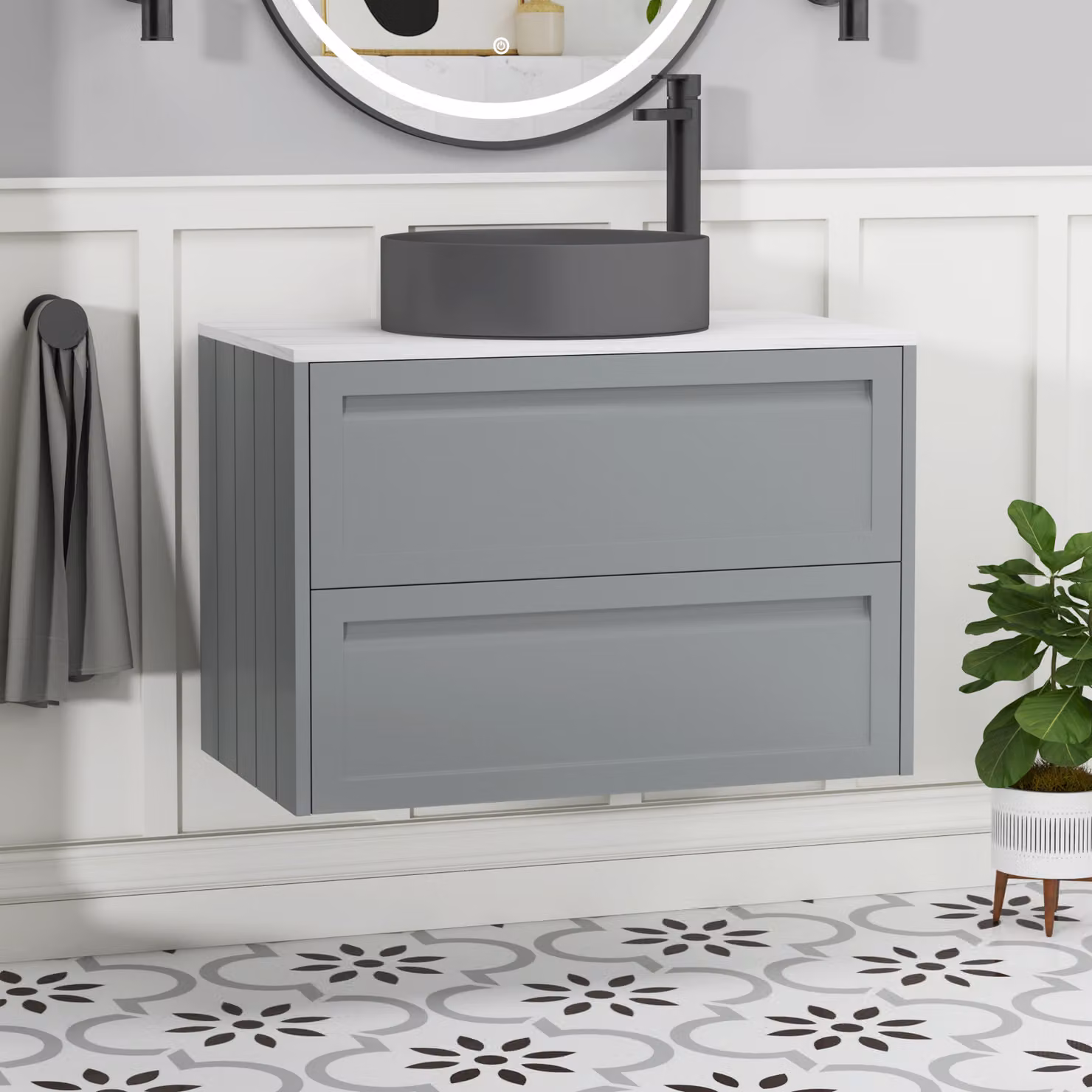 Royal Bathrooms Elmore 800mm Wall Hung Vanity Unit with 2 Drawers and Art Round Basin in Matt Pebble Grey