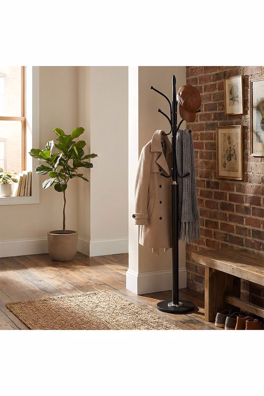 Living and Home Modern Matt Black Metal and Stone Freestanding Post Tree Coat Rack, H 174.5 cm x W 30.0 cm x D 12.0 cm – 4