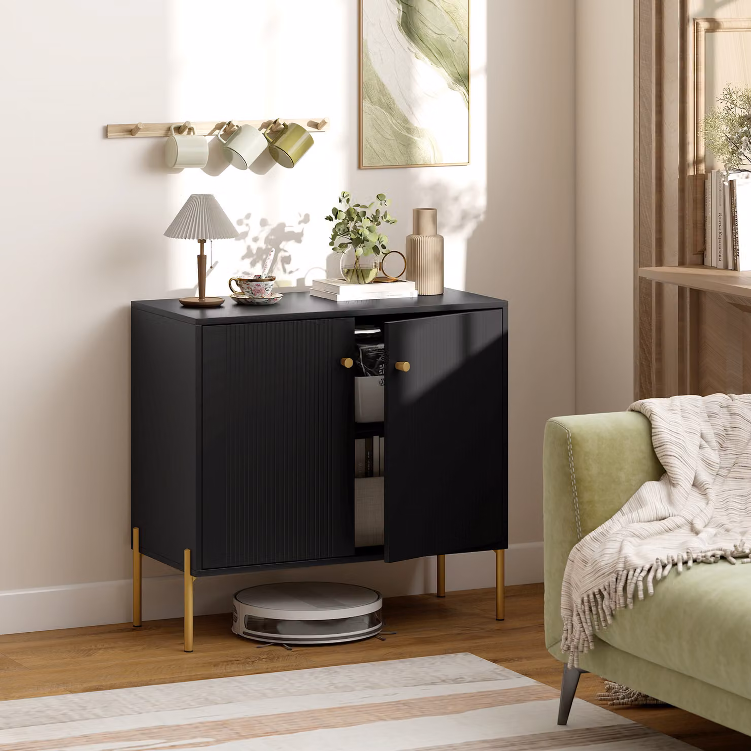 HOMCOM Black Sideboard Buffet Cabinet with Fluted Doors and Adjustable Shelf – 2