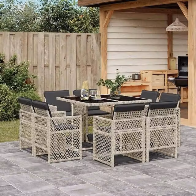 Berkfield Home 9 Piece Modern Garden Dining Set with Light Grey Poly Rattan and Glass Tabletop – 1