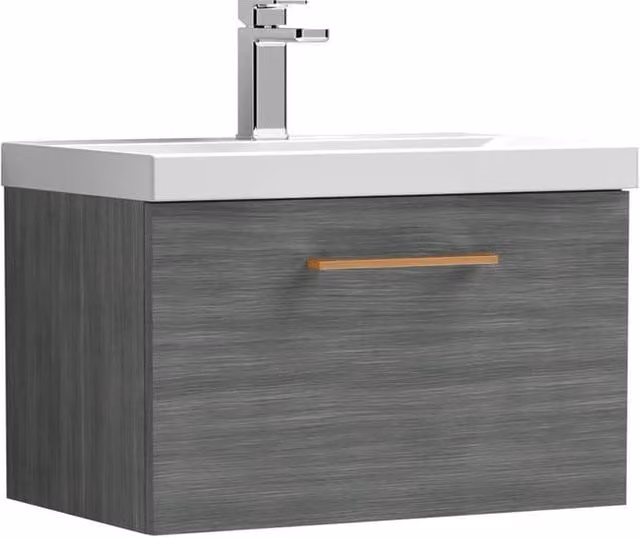 Balterley Wall Hung Single Drawer Vanity Unit with Basin in Woodgrain Anthracite, W/D/H: 61.0 x 39.0 x 39.9 cm
