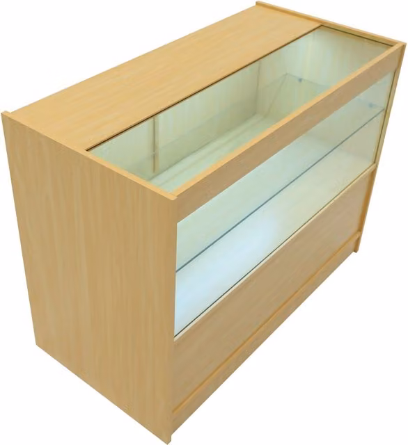 Monstershop C1200 LED Retail Shop Counter in Maple Beige with Glass Sliding Doors and Integrated Lighting