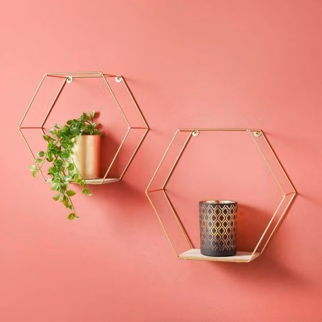 SPOT ON DEALZ Set of 2 Gold Hexagon Metal and MDF Wall Mounted Floating Shelves – 1