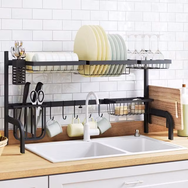 HOMCOM 2 Tier Adjustable Over The Sink Dish Drying Rack with Cutlery Holder, Black – 1
