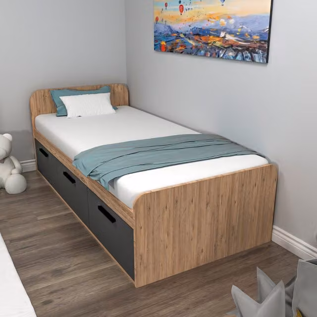 Destina Home Achille Bed Frame in Atlantic Pine and Anthracite, W/D/H: 90 x 190 cm