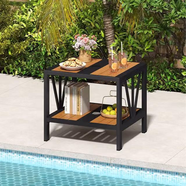 COSTWAY Modern Brown Metal Outdoor Side Table with 4cm Umbrella Hole