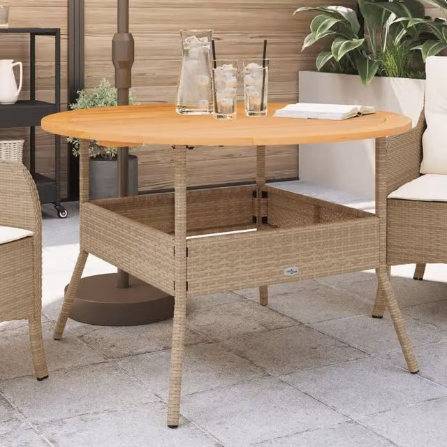 Berkfield Home Garden Table with Acacia Wood Top and Beige Poly Rattan, W: 110 cm, D: 71 cm