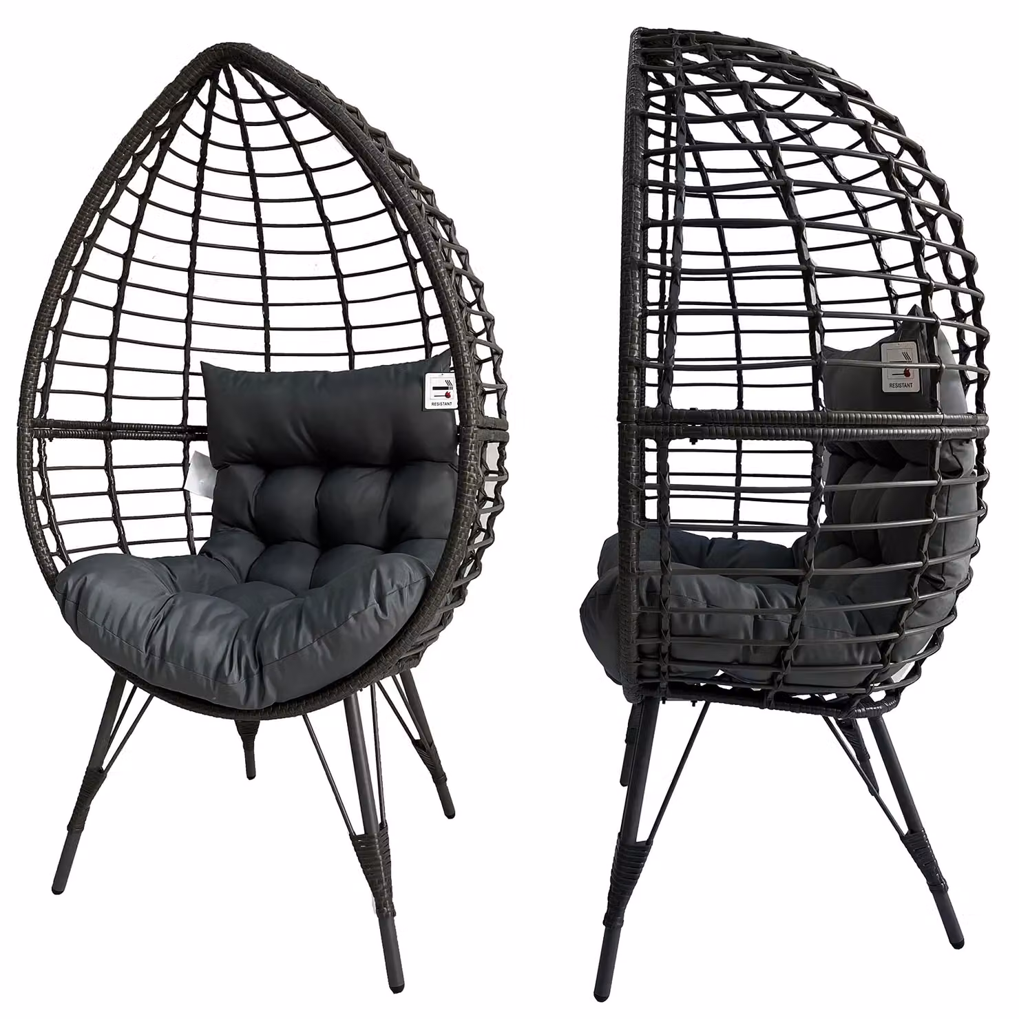 FURNITURE ONE Rattan Standing Egg Chair with Removable Water-Resistant Cushions and Metal Frame in Grey – 4
