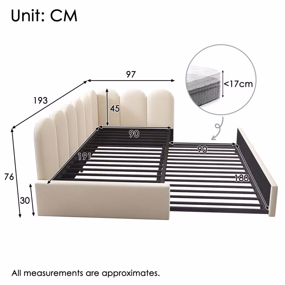 ModernLuxe Upholstered Velvet Daybed with Pull-out Guest Bed for Children in Beige, W/D/H: 190 x 90 x 76 cm – 2