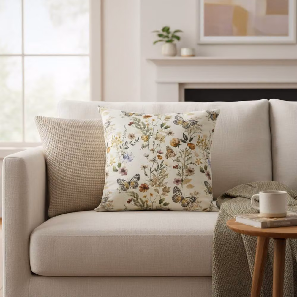 Four Candle Handmade Floral Printed Cotton Cushion with Filling, Multicolour and White, W/D/H: 45 x 45 x 45 cm – 2