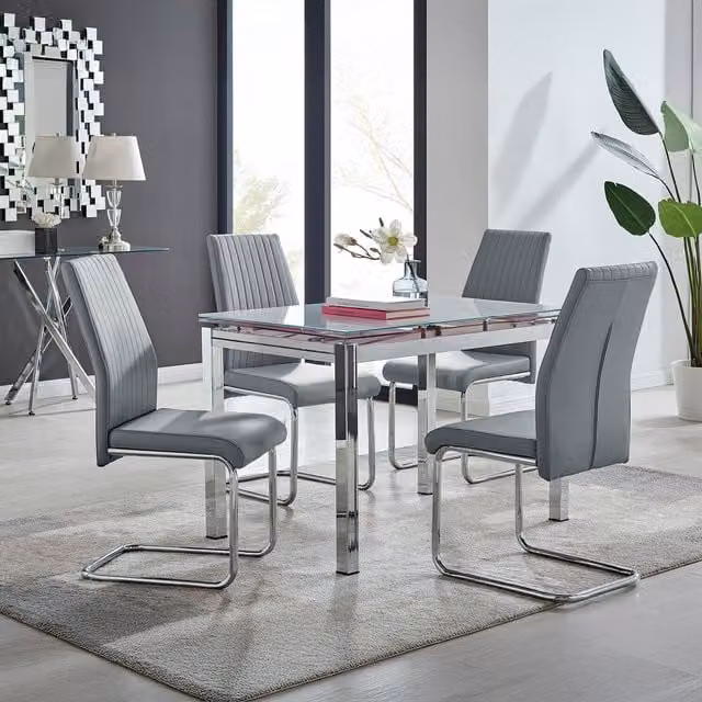 Furniturebox Enna White Glossy Glass Extending Modern Kitchen Dining Table and 4 Lorenzo Grey Chairs