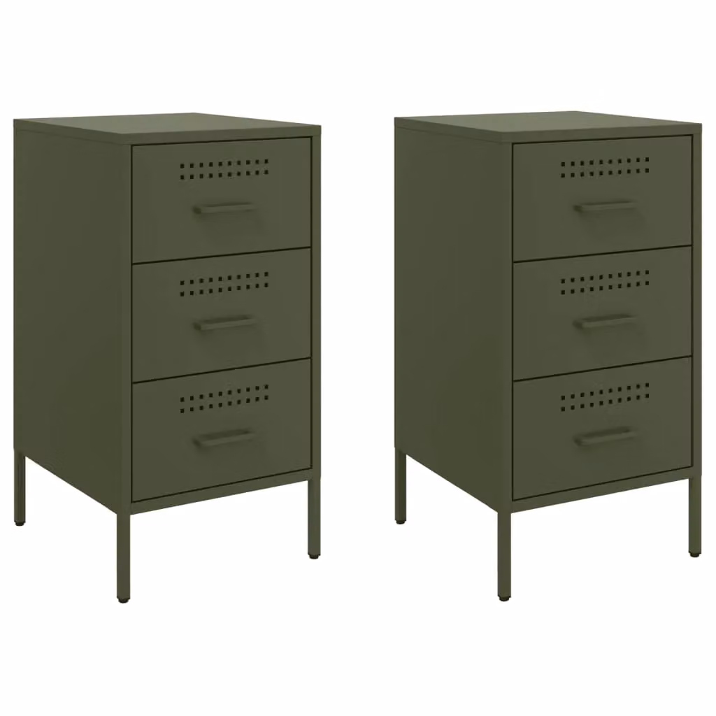 Berkfield Home Set of 2 Industrial Metal Bedside Cabinets in Olive Green, W/D/H: 36 x 39 x 68 cm – 2