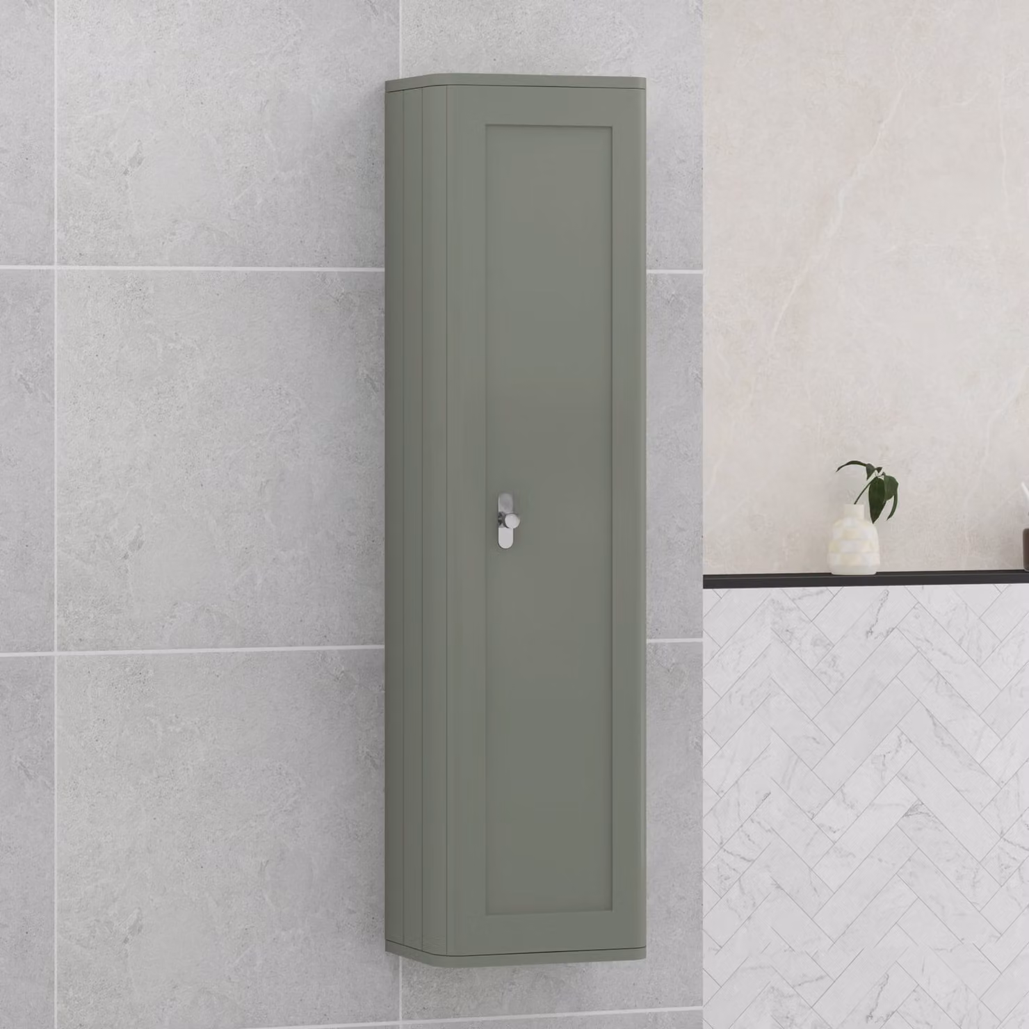 Royal Bathrooms Henley Wall Hung Tall Boy Cabinet Unit, Sage Green, Height: 139 cm