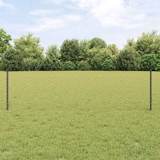 Berkfield Home Grey Steel U-Channel Fence Posts (11 pcs, 60 cm) and Grey Steel Hexagon Fence (0.5 x 100 m) – 1
