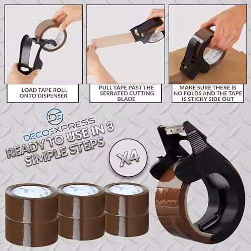 Deco Express Heavy Duty Packing Tape Dispenser with 6 Brown and Transparent Tape Rolls – 6