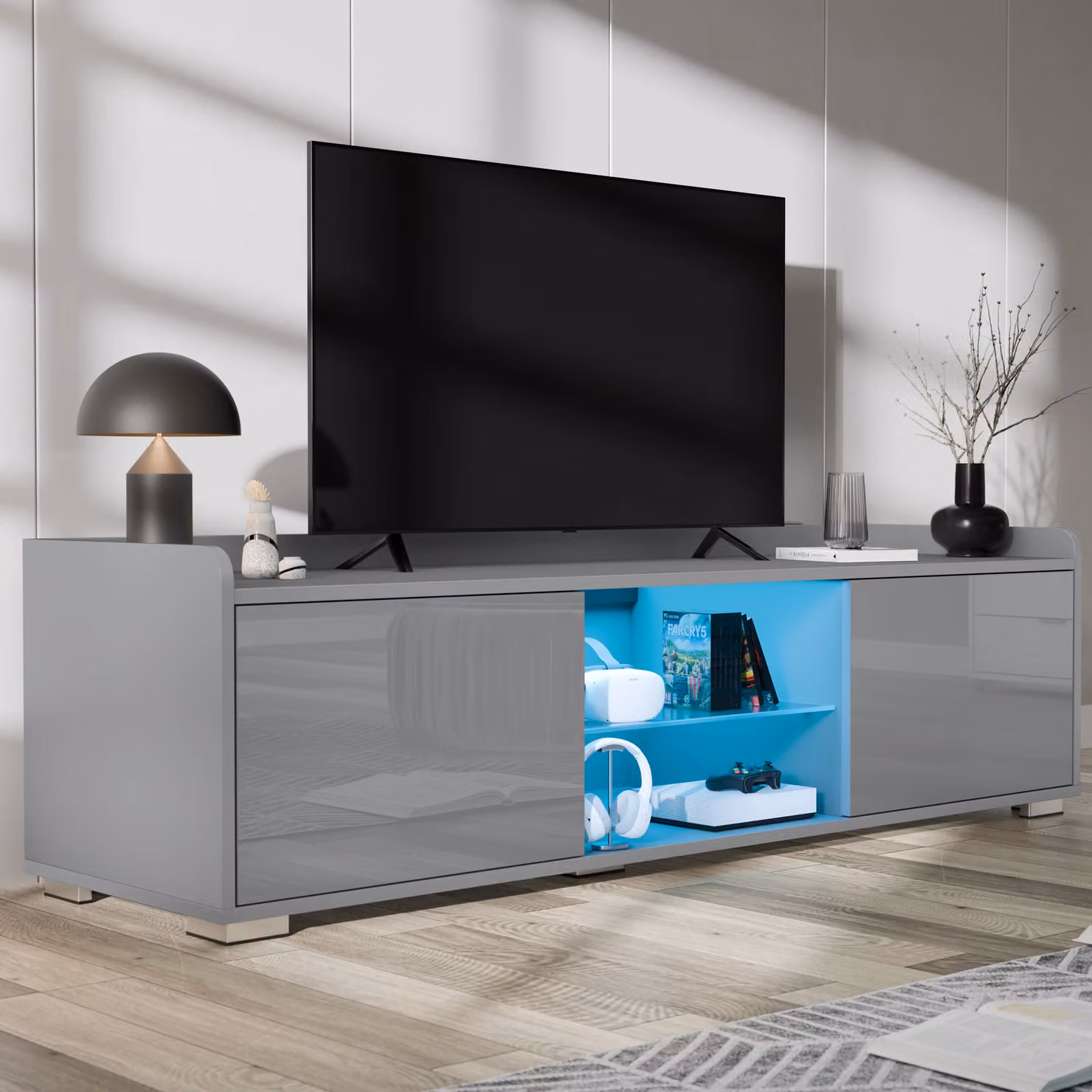 DHS High Gloss LED TV Unit with Storage in Grey, Width: 140 cm