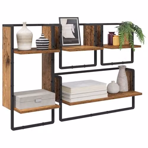 vidaXL Set of 4 Wall-Mounted Shelves in Old Wood and Metal, Brown, W: 65 cm, D: 25 cm, H: 30 cm – 1