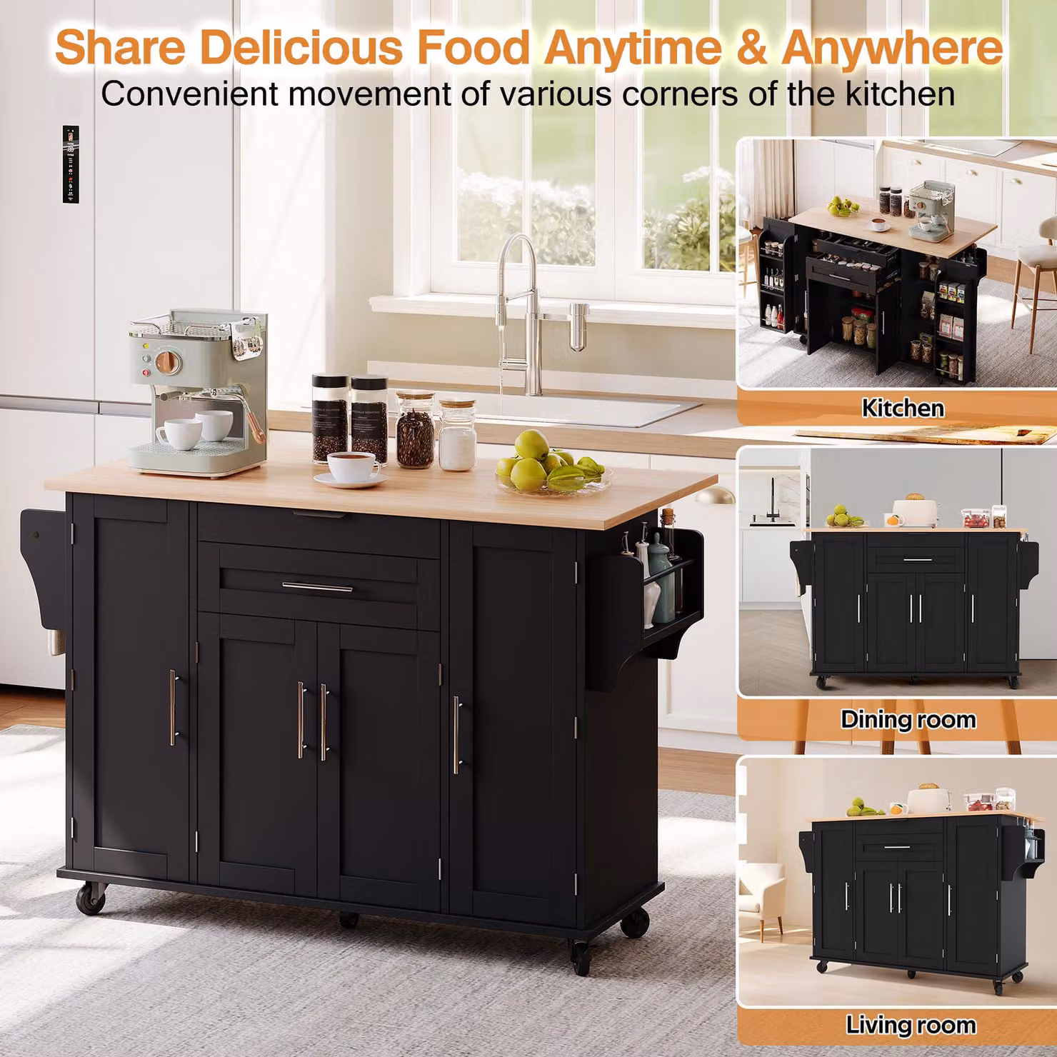 Aosom UK Modern Kitchen Trolley with Fold-Out Worktop and Double-Door Cabinets, Black and Natural, W: 70 cm, D: 70 cm, H: 92 cm – 5