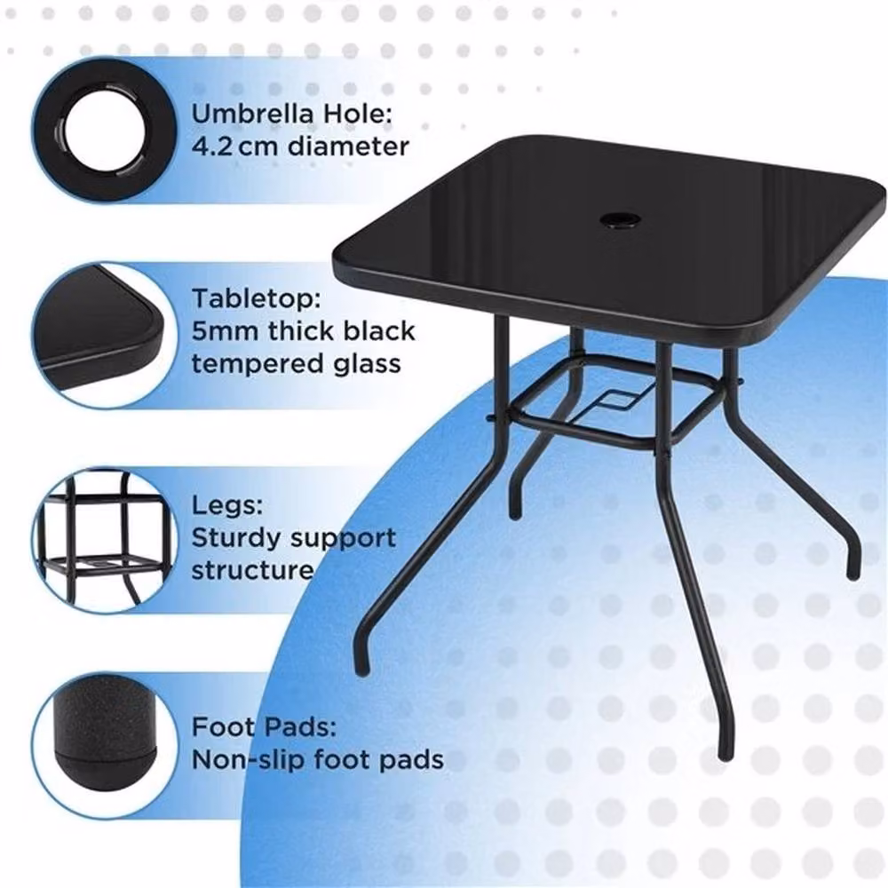 KORVIXA Black Matt Square Outdoor Bistro Table with Glass and Metal Top, W/D: 100 x 100 cm – 5
