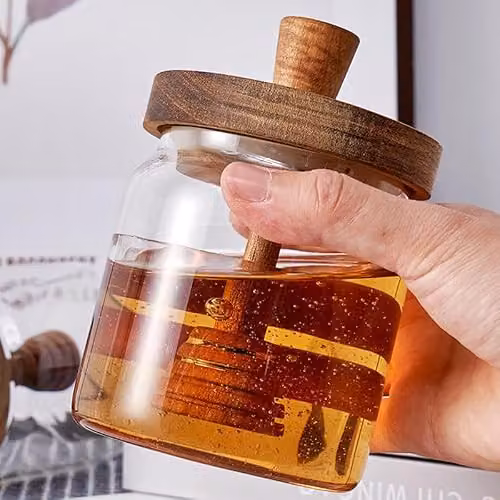 Eden & Willow Clear Glass Honey Jar with Acacia Lid and Wooden Dipper, 440ml (Pack of 2) – 5