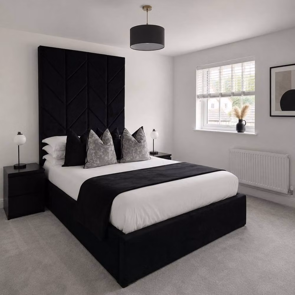 Stratus Interiors Ceasar Arrow Panel Upholstered Bed with Tall Headboard and Metal Gaslift in Black, Single, W: 90 cm, L: 190 cm – 2