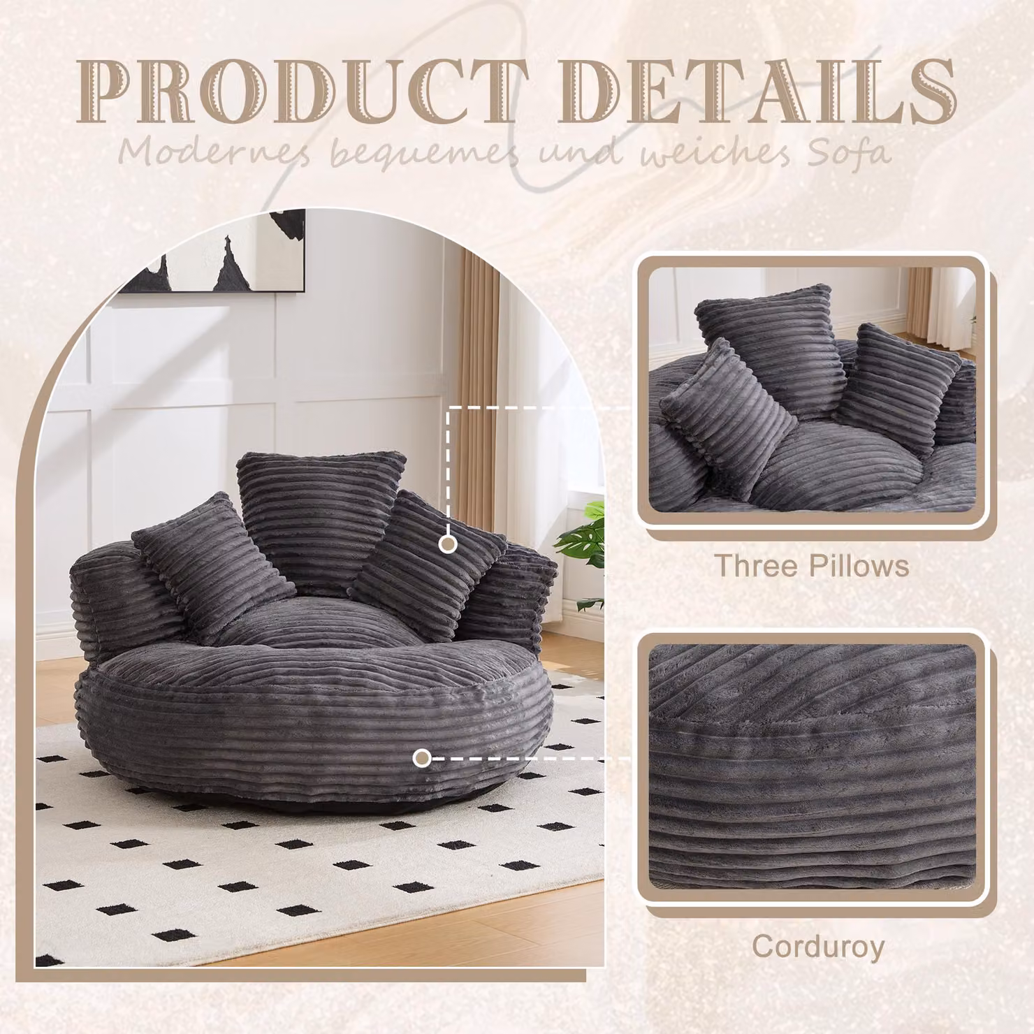 Aosom UK Giant Bean Bag Chair with Shredded Memory Foam, Pre-Filled High Back Lounge Chair, Grey, W: 108 cm, D: 108 cm, H: 52 cm – 5