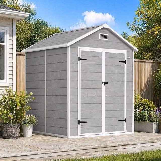 STILVORA Grey Garden Shed with Floor, Window and Lockable Double Doors W: 182 cm, D: 151 cm, H: 219 cm – 1