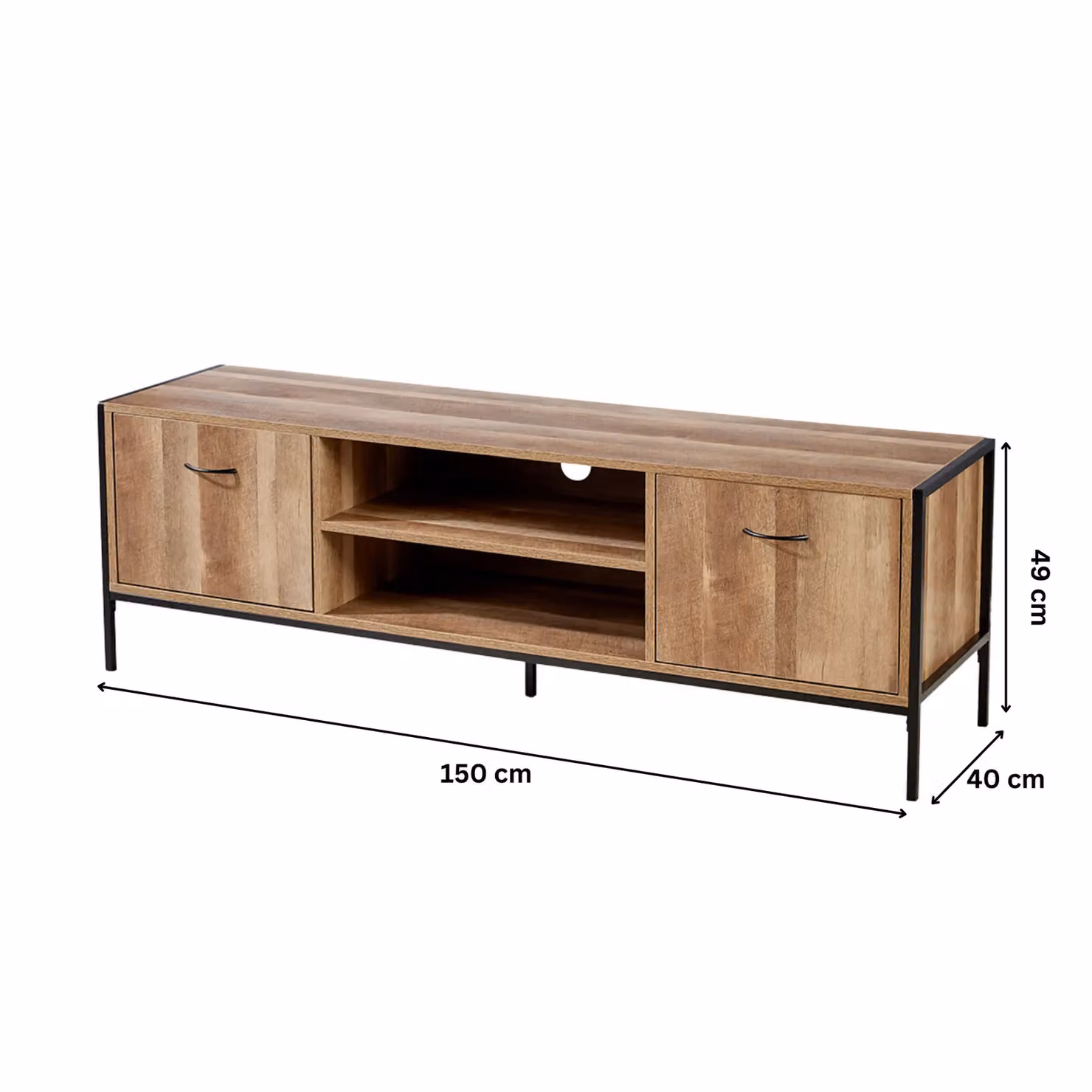 Home Source Industrial TV Unit Media Stand with 2 Door Cupboard and Shelf Storage in Natural Wood and Metal – 3
