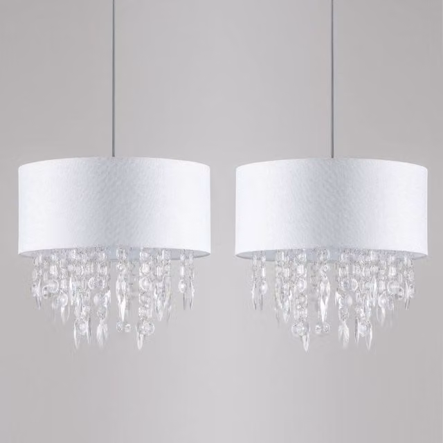 First Choice Lighting Pair Large 40cm Easy Fit Round Ceiling Shade in White and Silver Fleck with Acrylic Droplets