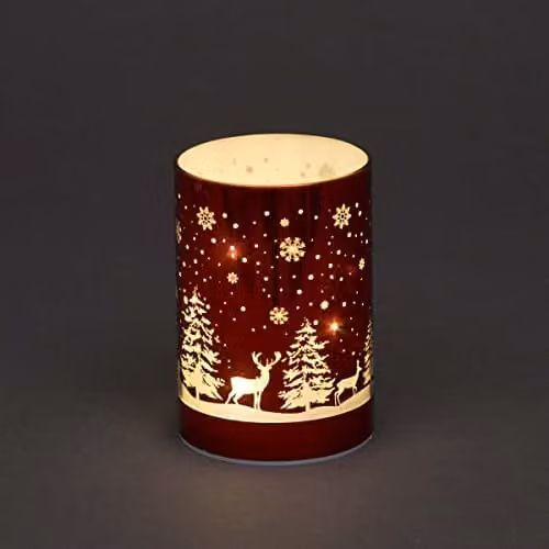 Shatchi Christmas Forest Scene Etched Glass Cylinder Table Lamp, Red, Height: 13 cm – 1