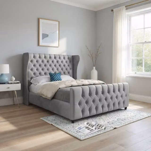 KDMD Kilburn Upholstered Grey Velvet Designer Bed Frame, W/D/H: 200 x 137 x 189 cm
