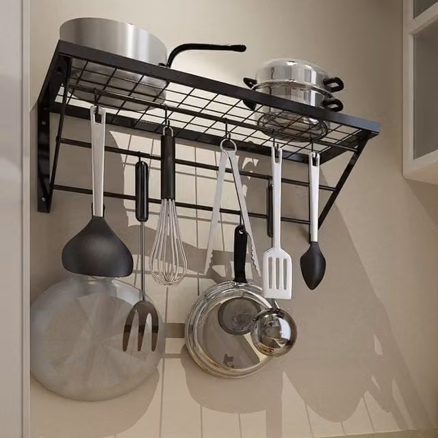 Livingandhome Wall Mounted Metal Kitchen Saucepan and Shelf Organiser in Matt Black