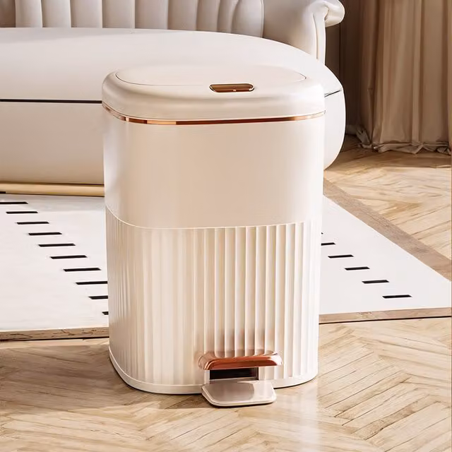 Komore 15L Pedal Rubbish Bin with Soft Close Lid in Beige and White