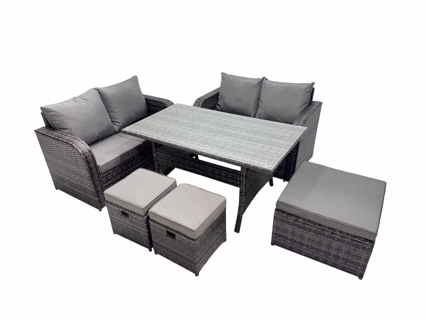 Fimous Outdoor Furniture Love Sofa Dining Table Set with 3 Stools in Dark Grey – 2