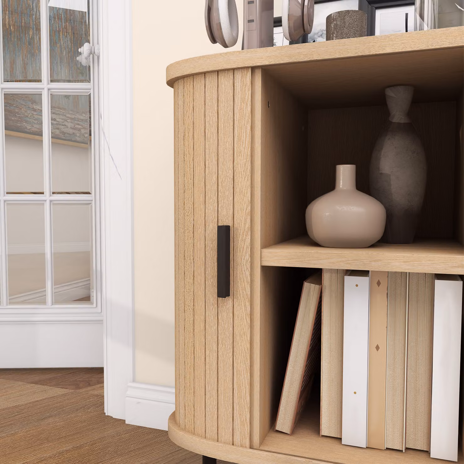 HOMCOM Mid-Century Modern Sideboard Storage Cabinet with Slatted Tambour Sliding Doors and Steel Legs in Oak Tone – 4