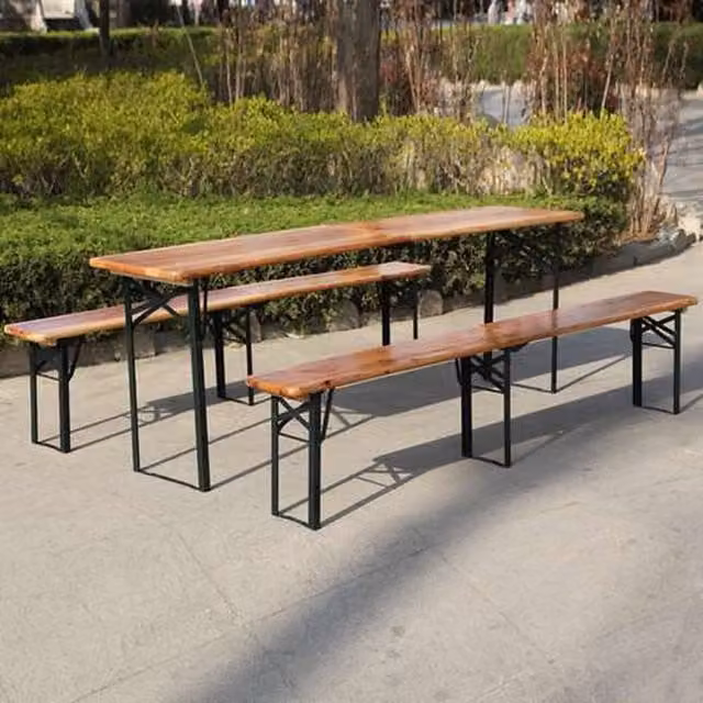 BIRCHTREE 3 Piece Folding Beer Table and Benches Set in Brown and Beige Wood