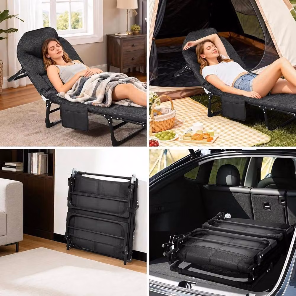 VOGREX Portable Folding Bed with Cushion Pillow in Black, W/D/H: 100 x 15 x 15 cm – 4