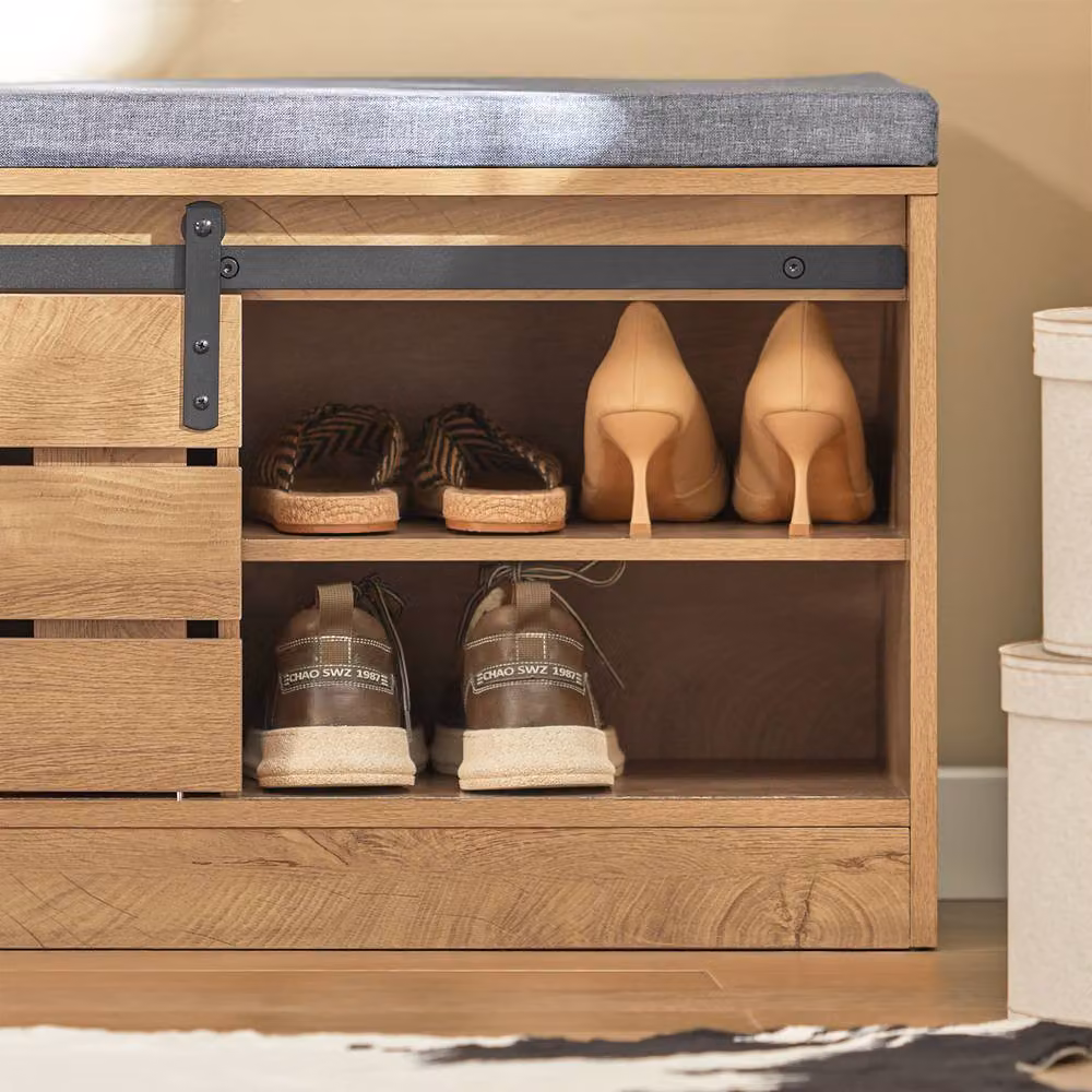 SoBuy Industrial Shoe Cabinet with Seat and Sliding Barn Doors in Light Oak – 3