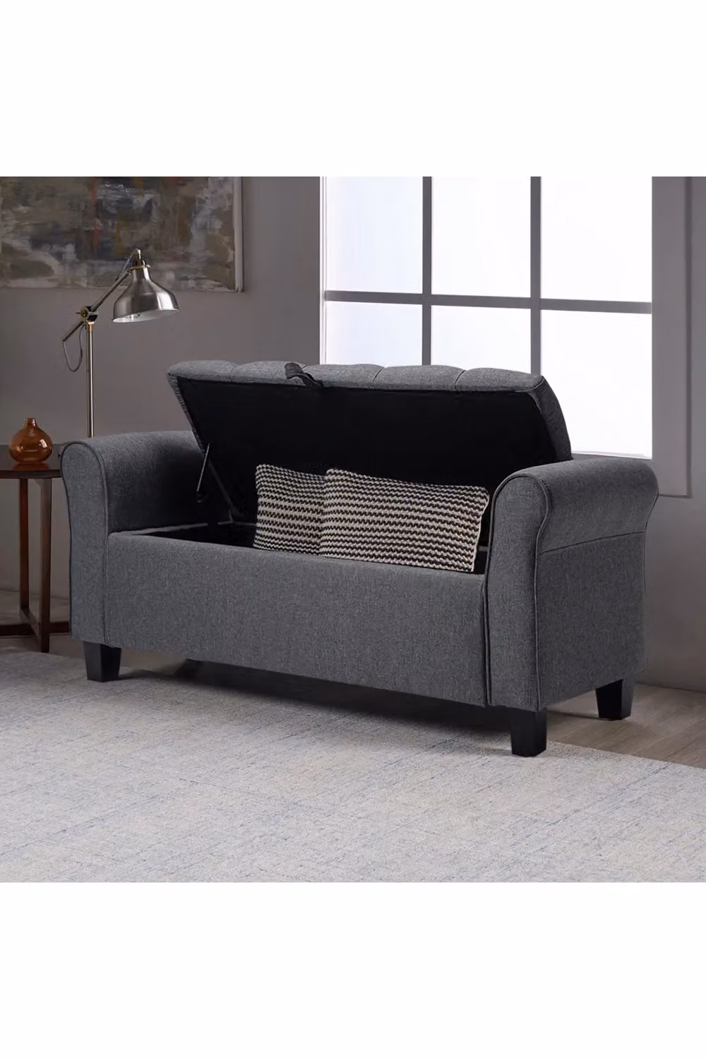 Livingandhome Grey Fabric Splayed Armrest Storage Ottoman Bench Chaise – 2