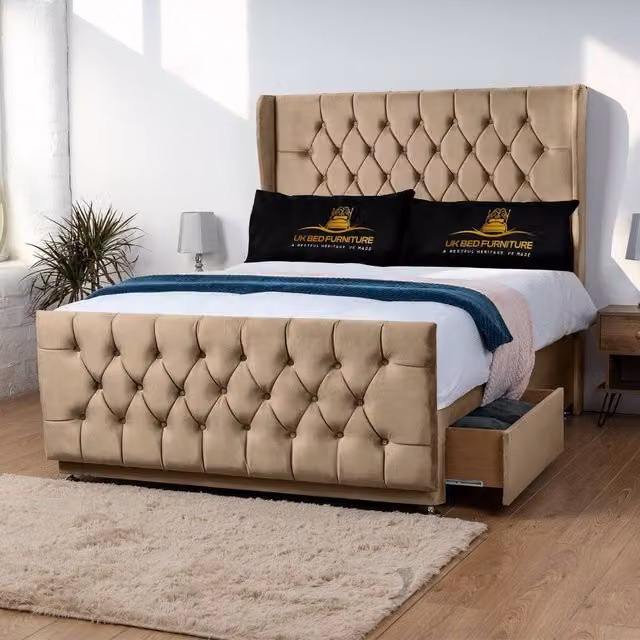 UK Bed Furniture Balamore Wingback Divan Bed with 54 Inch Headboard and 2 Drawers in Beige, Double Size (W/D: 140 x 200 cm)
