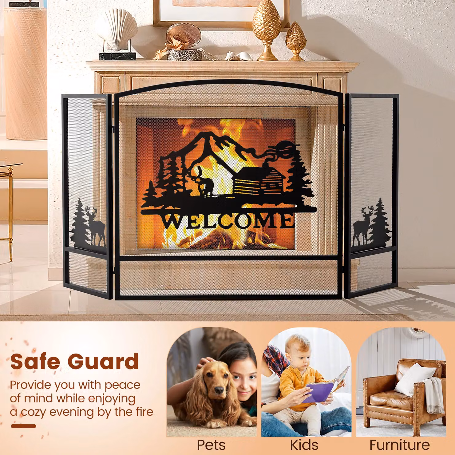 Costway 3-Panel Folding Fireplace Spark Guard with Natural Scenery and Moose Pattern, Black, W: 139 cm, H: 75 cm, D: 75 cm – 4