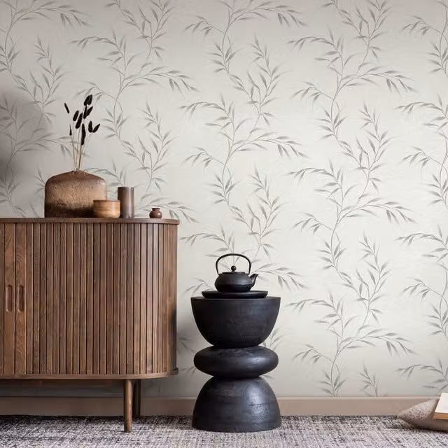 Erismann Grey Botanical Floral Modern Pre-pasted Vinyl Wallpaper Roll