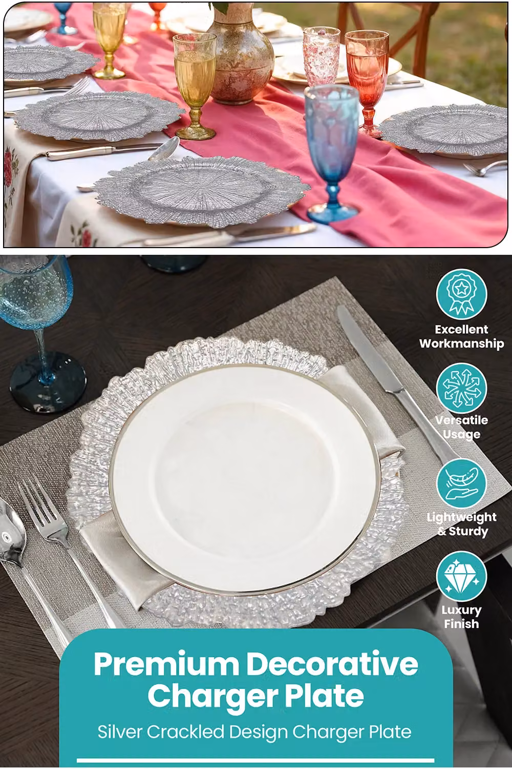 Neel Blue Crackled Glass Charger Plates in Blue and Metallic Silver, Diameter: 33 cm