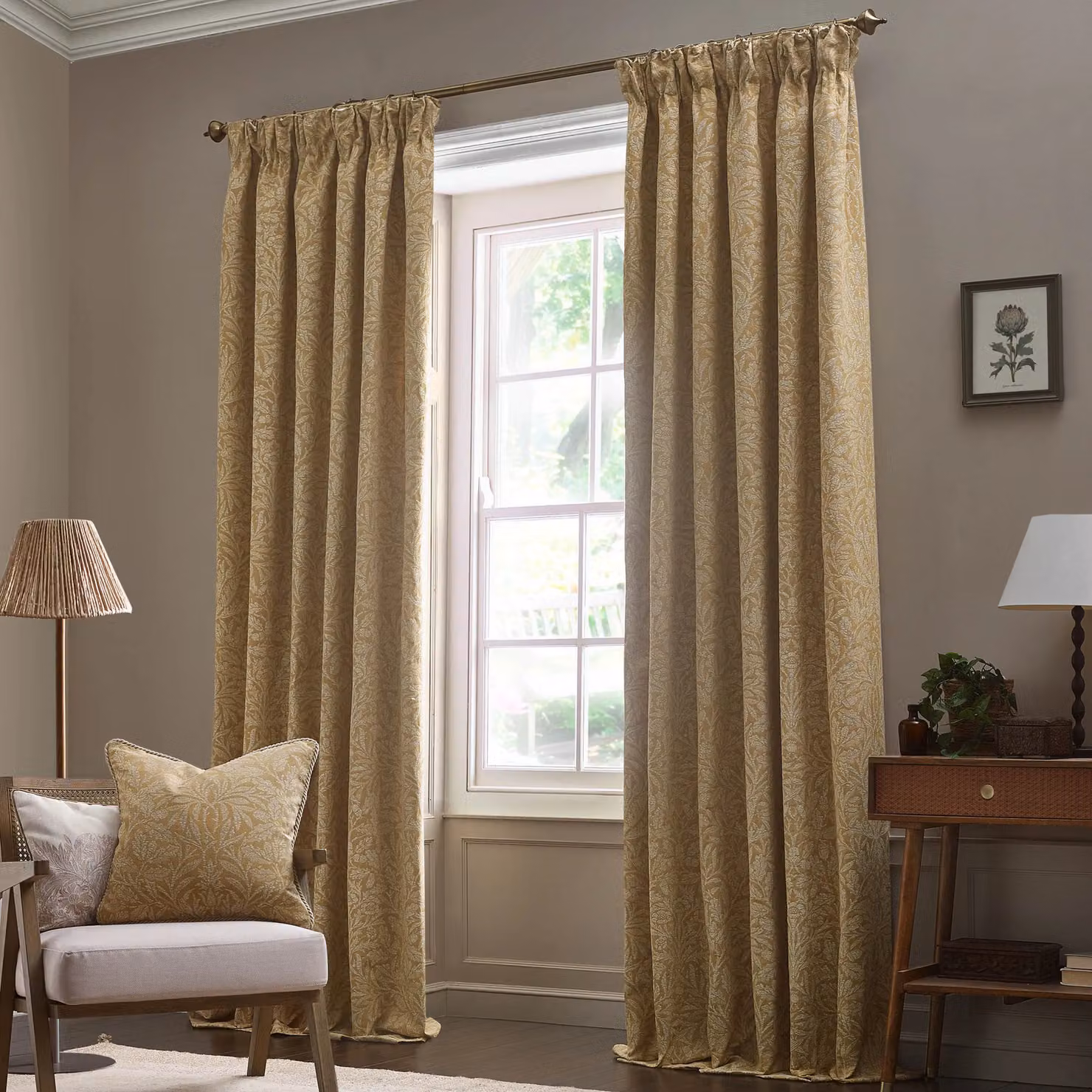 Morris & Co Acorn Tonal Matt Jacquard Pencil Pleat Curtains in Gold, Width: 168 cm, Drop: 137 cm – 2