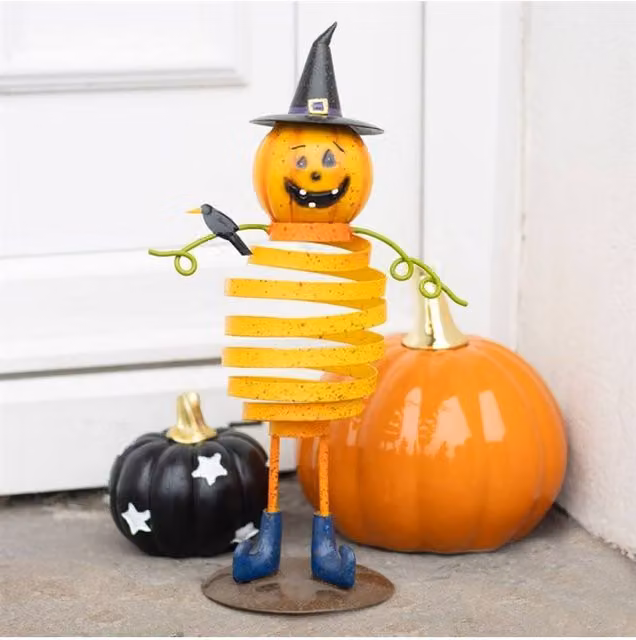 KDMD Orange Metal Pumpkin Man Tabletop Ornament with Spring Body for Halloween and Autumn Decor
